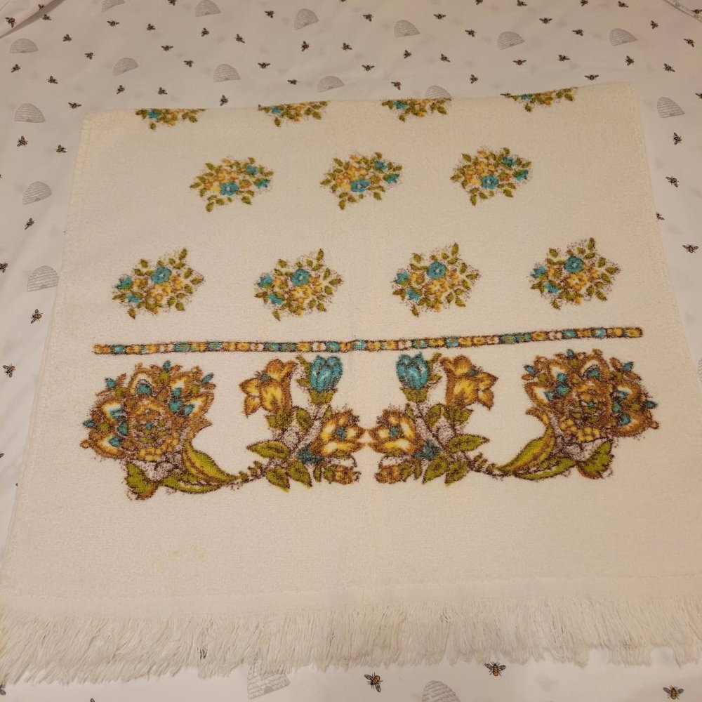 Vintage Canon Bath Towel, Blue Yellow Flowers, Boho